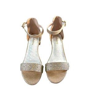 Dufannie Girls Formal Dress Shoes Ankle Strap 1” Heel I Rose Gold Rhinestones Si